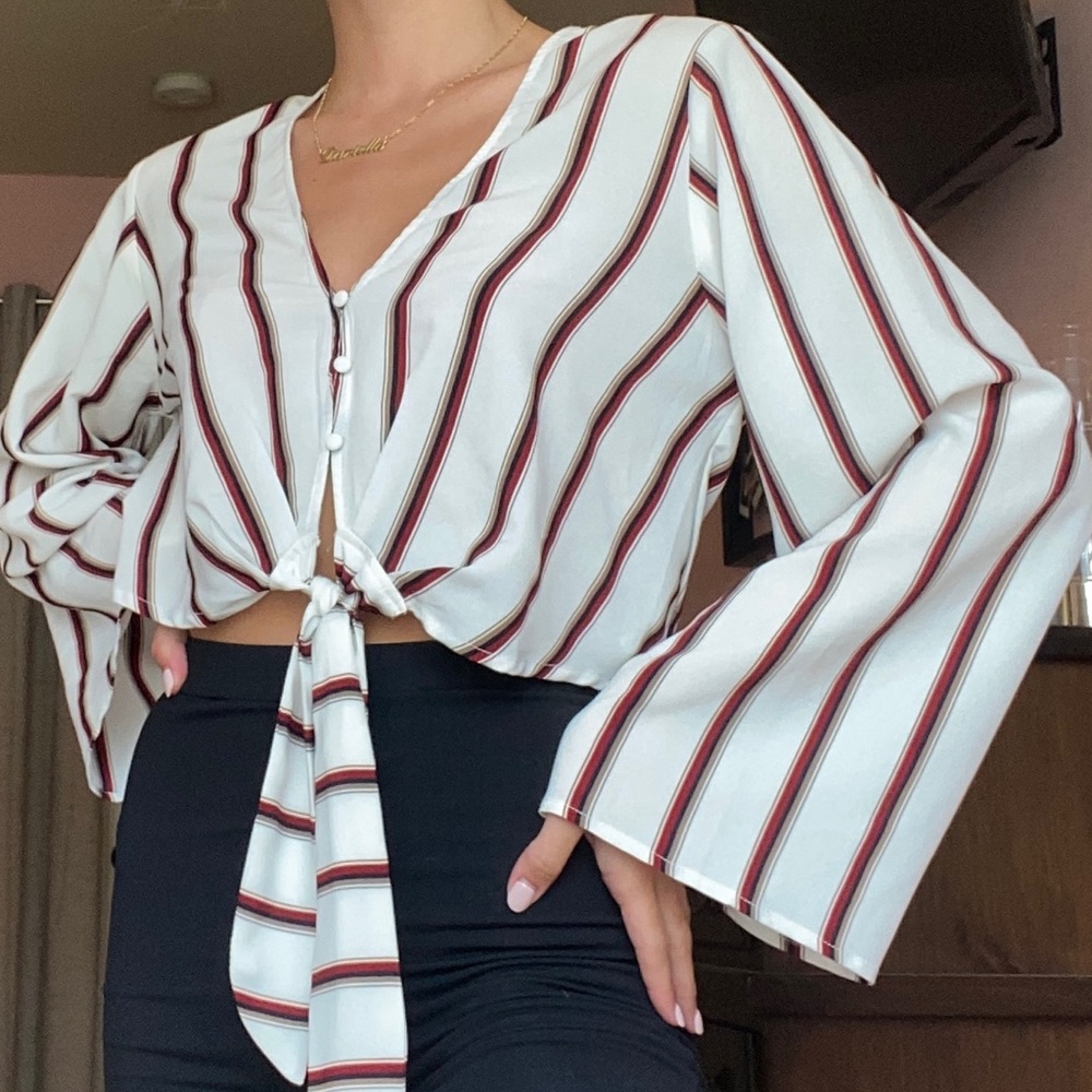 Forever 21 Satin Button Down Tie Blouse w/ Stripes